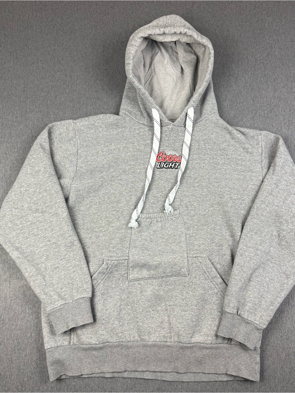 Coors Light Logo Gray Hoodie Sweatshirt Size L Beer Holder Pocket Fits Like
